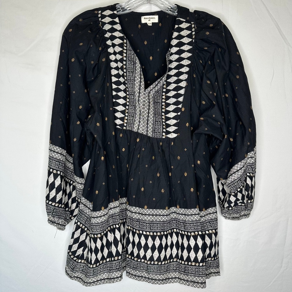 World Market Womens Black Gold Diamond Print Cotton Boho Peasant Tunic Top S/M